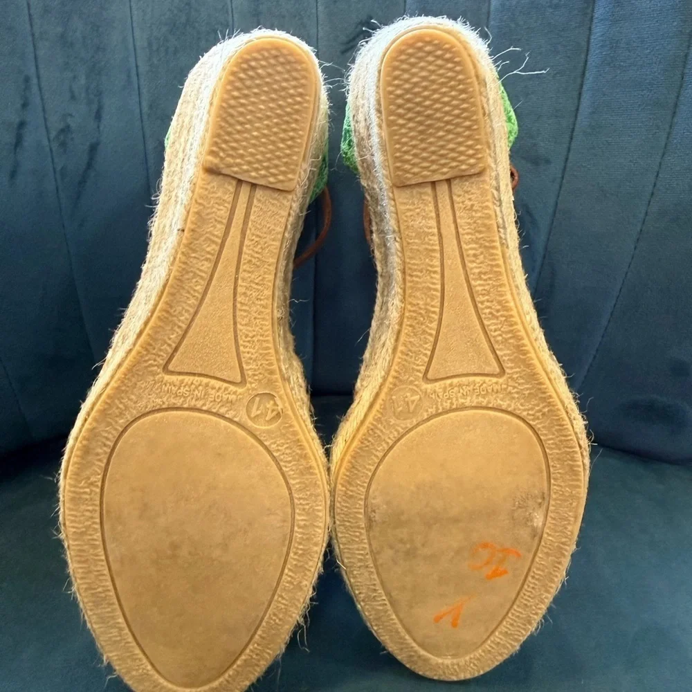 Eric Michael Green Leather Espadrille Wedge Sandals Ankle Strap 41